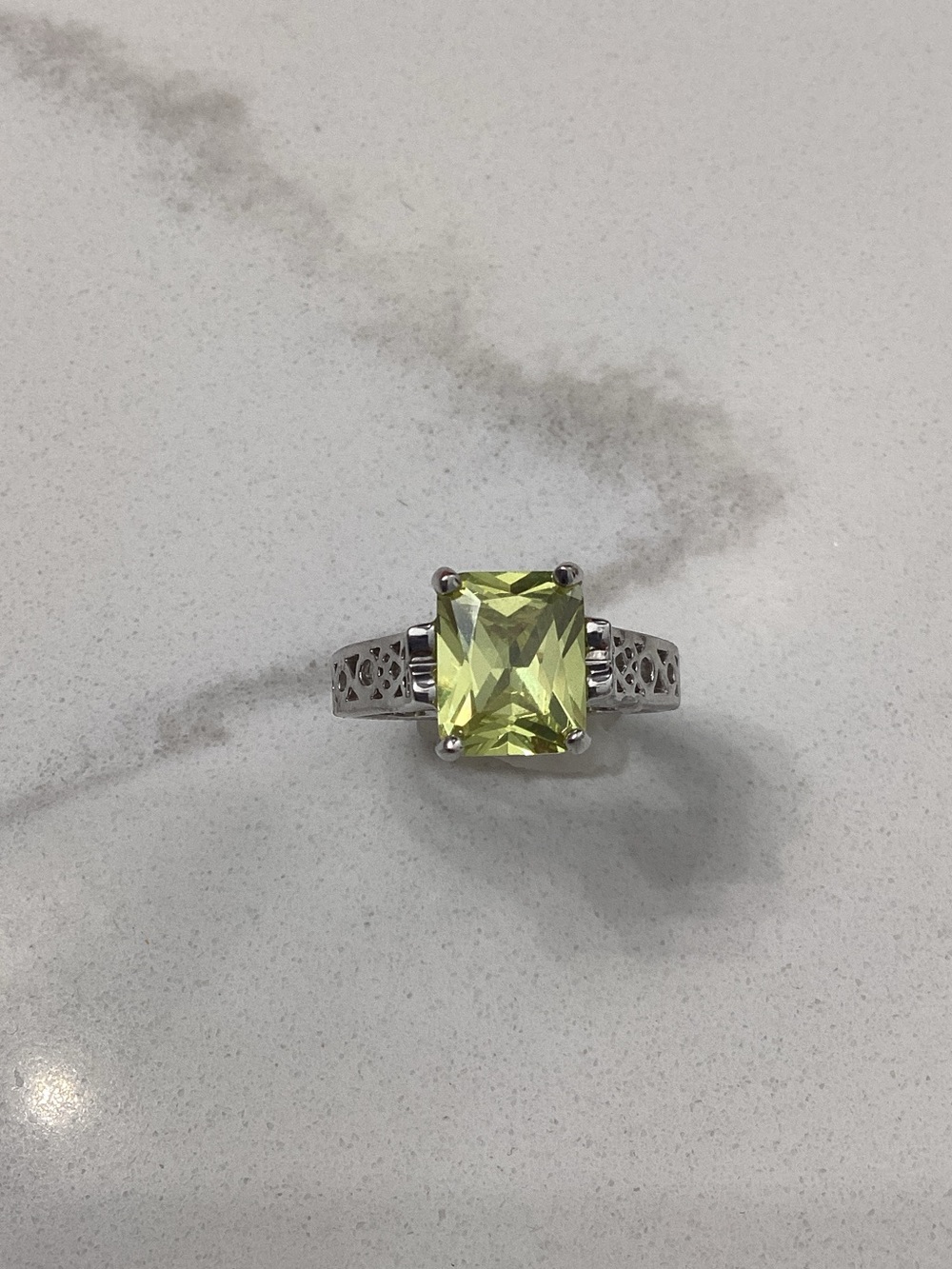 Lia Sophia Silver Ring with Lemon-Green Emerald-Cut Stone